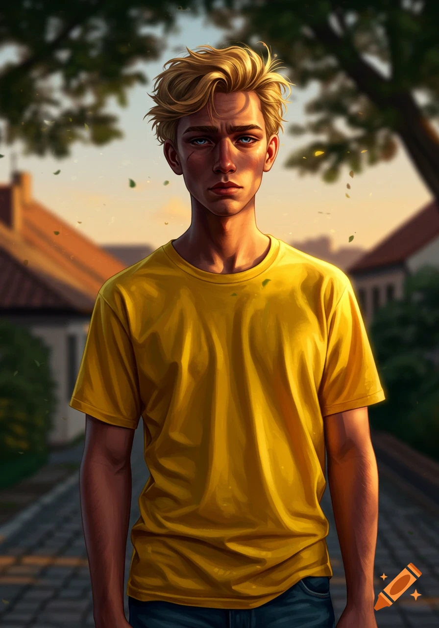 Detailed illustration of a frowning young man with messy blonde hair in a yellow shirt, standing outdoors at sunset.
