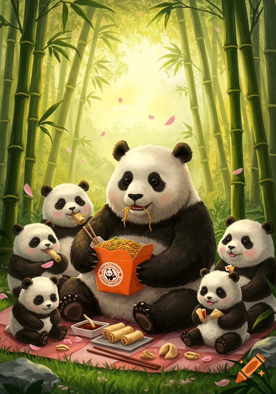 A family of cute pandas having a picnic in a bamboo forest, eating Chinese takeout. Illustrated in a vibrant, cartoon style.