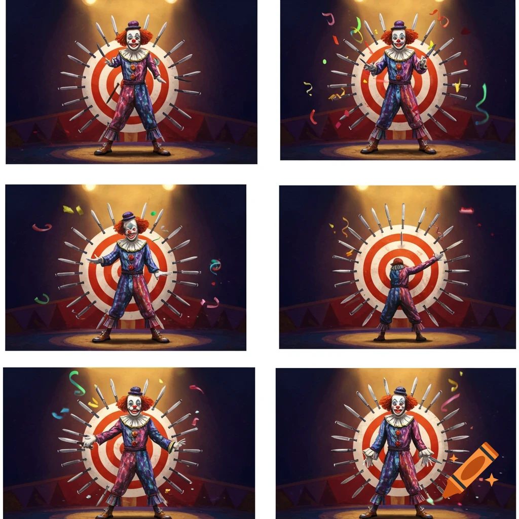Multiple stylized illustrations of a clown on a knife-throwing target with knives and confetti.