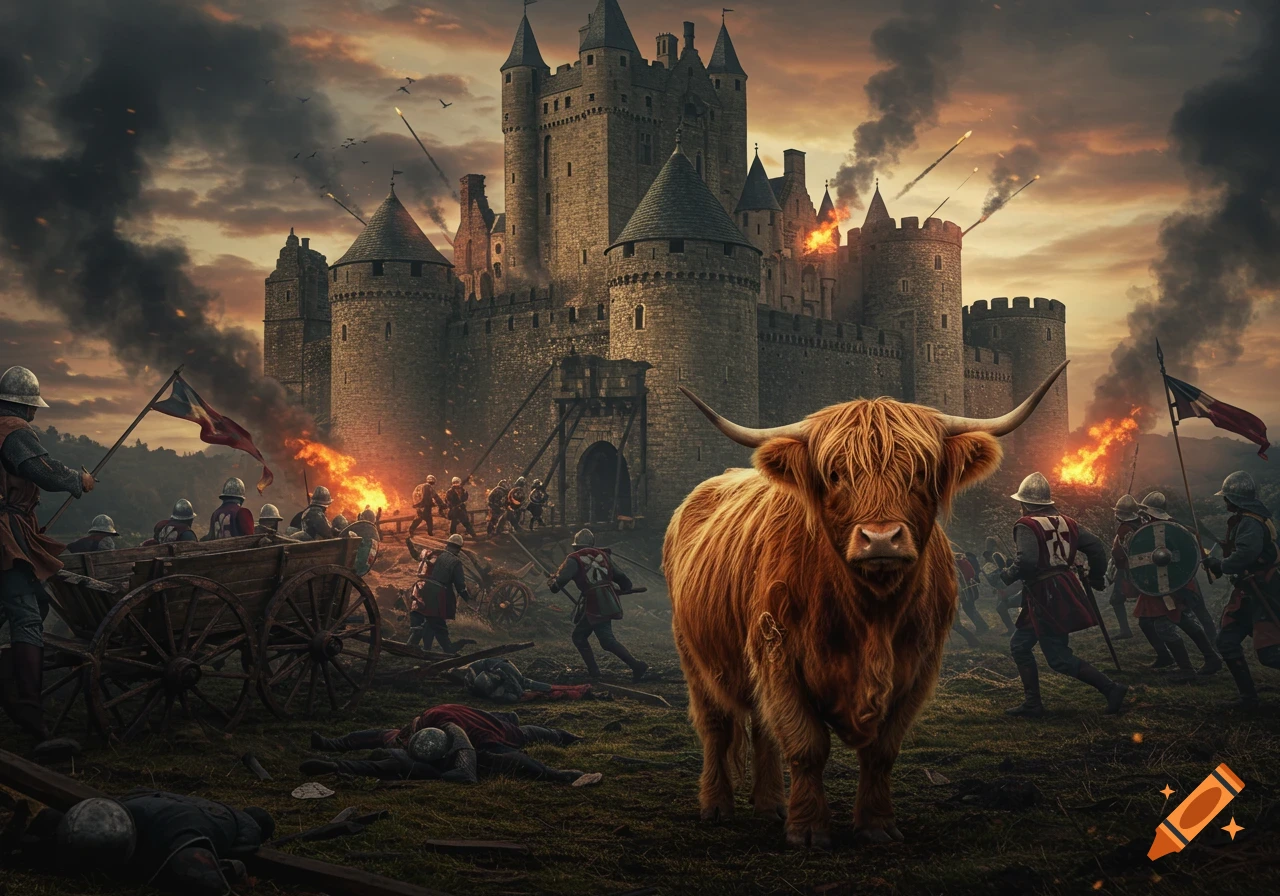 Photorealistic Highland cow stands in the foreground of a 15th-century castle siege with soldiers, fire, and smoke.