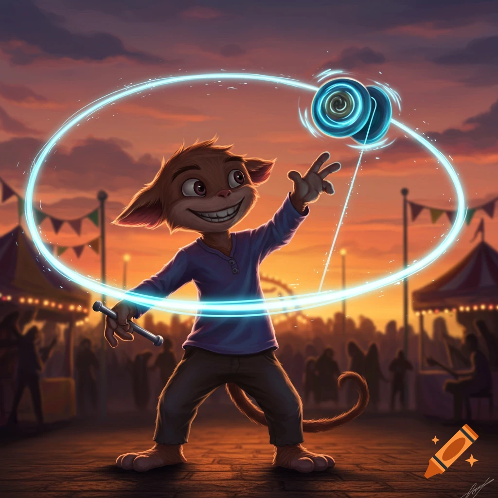A happy cartoon mouse-like character plays with a glowing blue yo-yo at a fairground at sunset, creating a light trail.