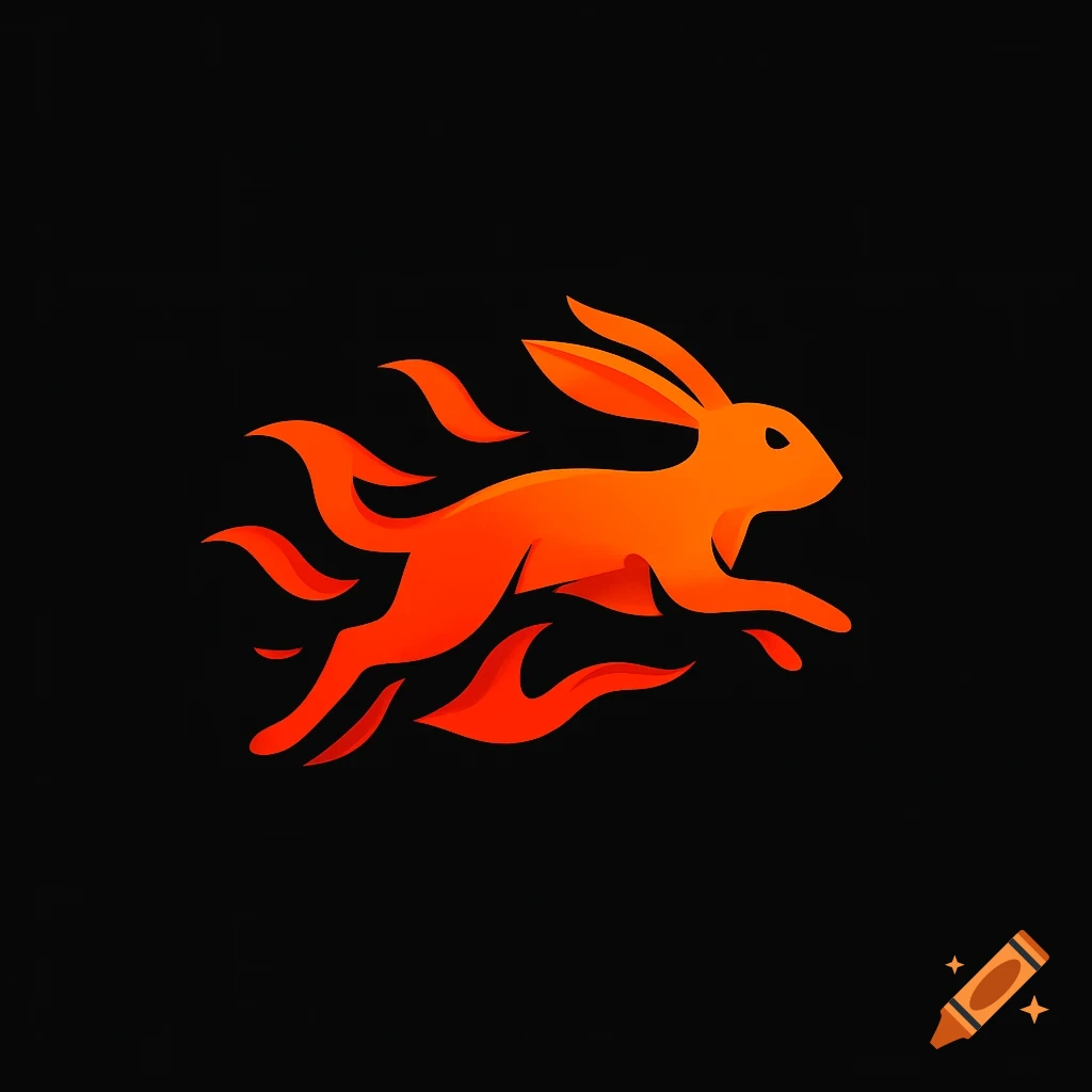 Stylized orange and red fiery rabbit logo on a black background.