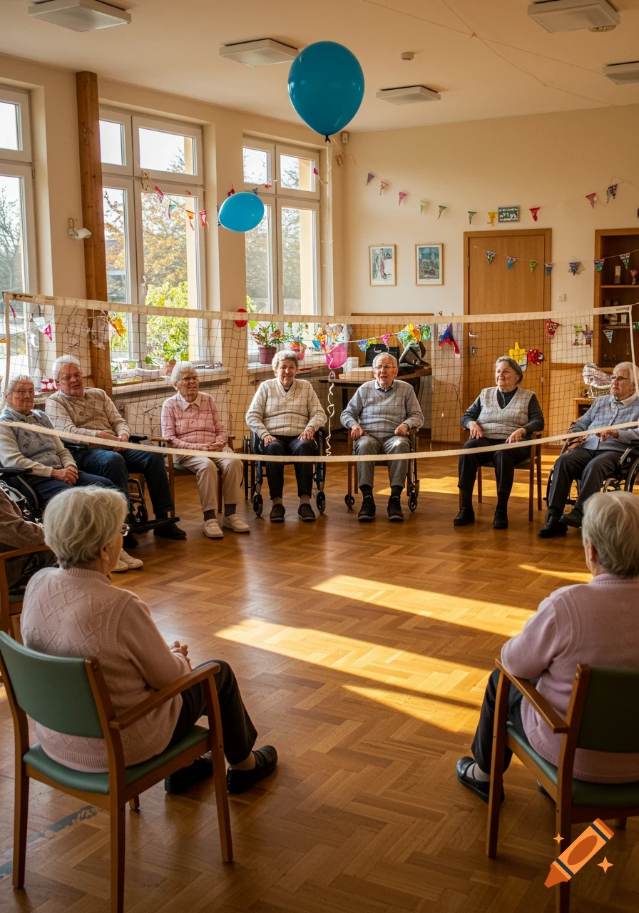 Seniors seated in chairs playing balloon volleyball indoors, with a net, two blue balloons, and bright sunlight.
