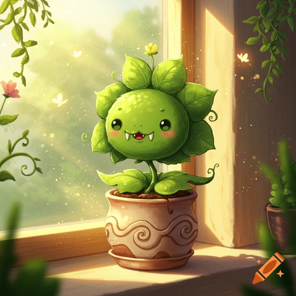 Cute cartoon plant with fangs in a pot on a sunlit windowsill with sparkling light and foliage.