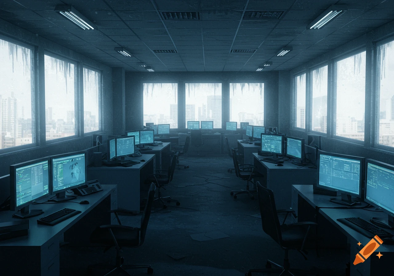 Dimly lit abandoned office with rows of desks, chairs, and computer monitors displaying blue code. Icicles hang from windows overlooking a city.