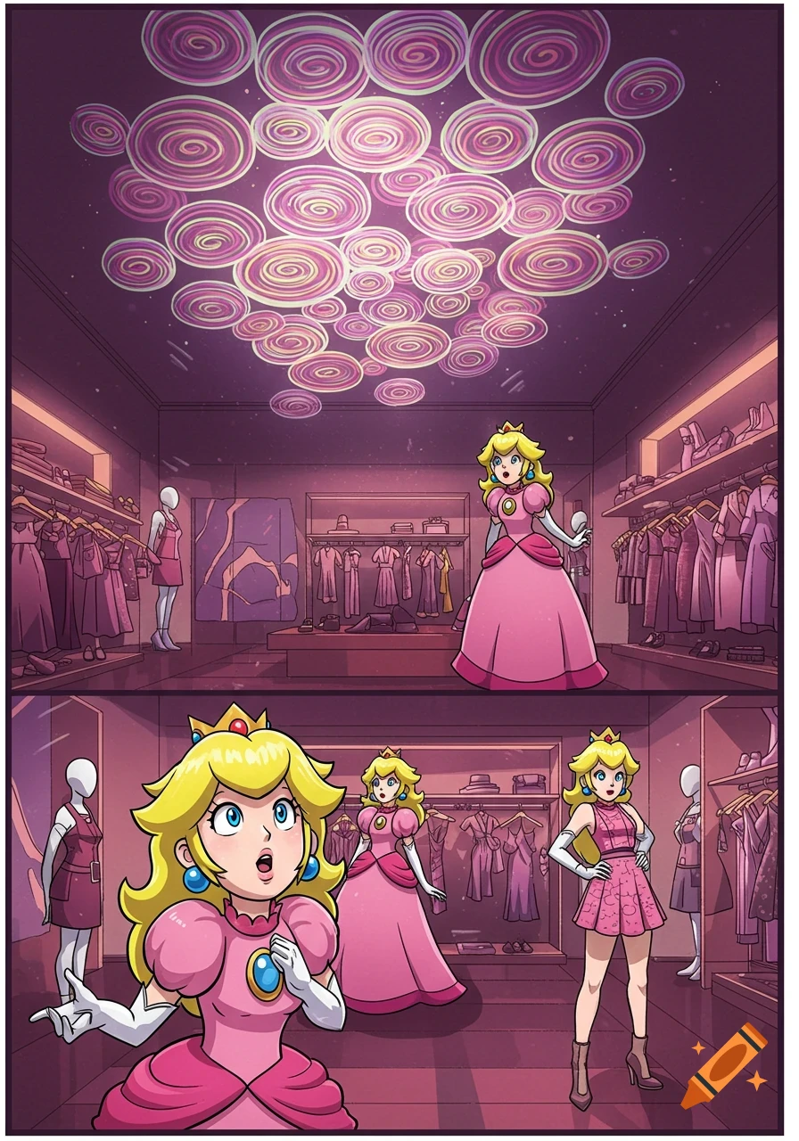 Comic book panel of Princess Peach in a clothing store, admiring swirling ceiling lights and posing in different outfits.
