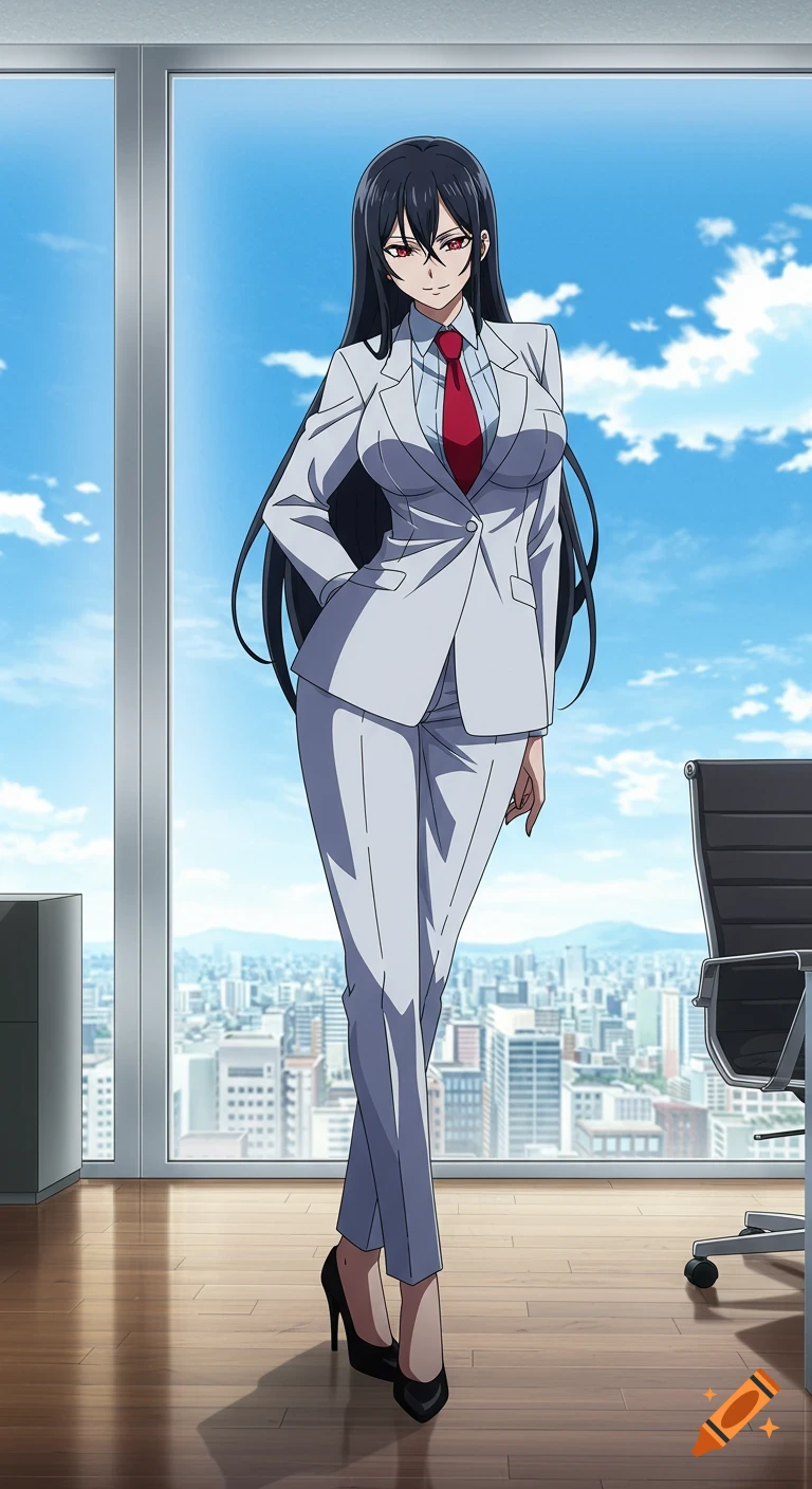 Anime woman with long black hair and red eyes, wearing a white suit and red tie, standing confidently in a modern office with a cityscape view.