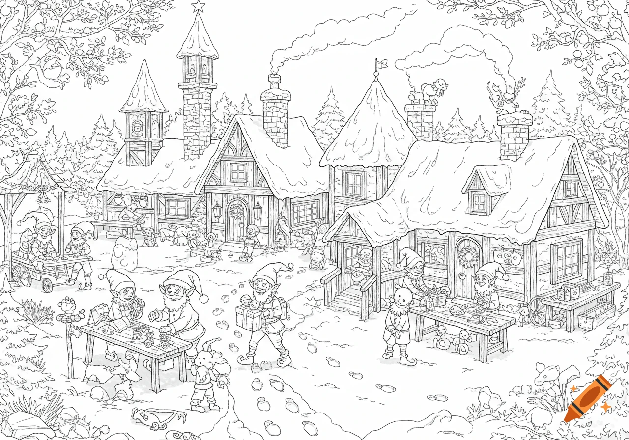 Detailed line drawing of Santa's village in winter, with many elves working and celebrating, suitable for coloring.