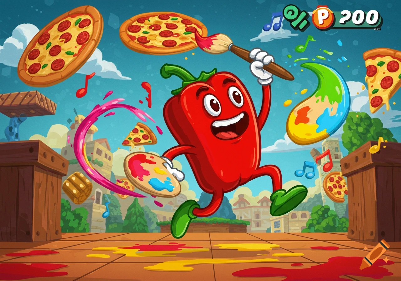 A happy red pepper character from Pizza Tower, holding a paint palette and brush, surrounded by floating pizzas and musical notes in a colorful cartoon city scene.