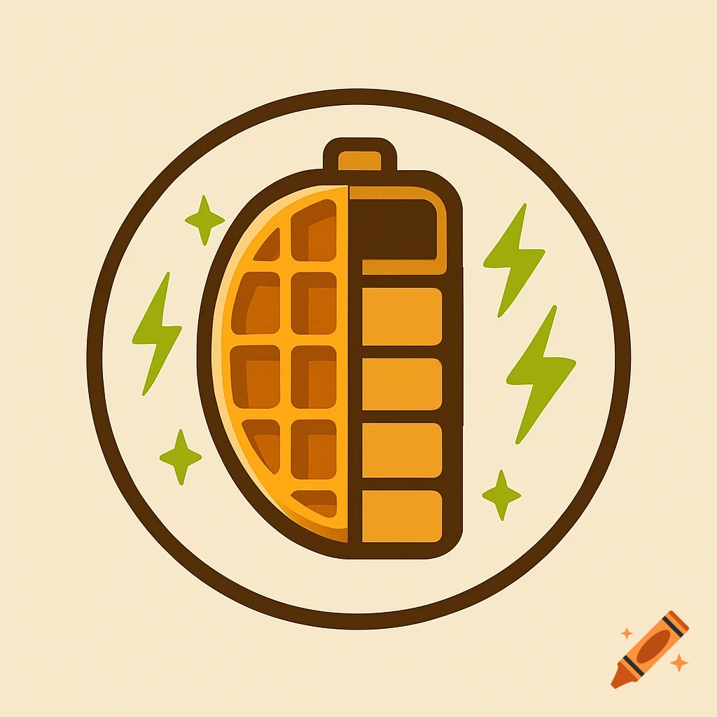 A rounded logo depicts a half-waffle, half-battery icon with lightning bolts and stars, on a light beige background.