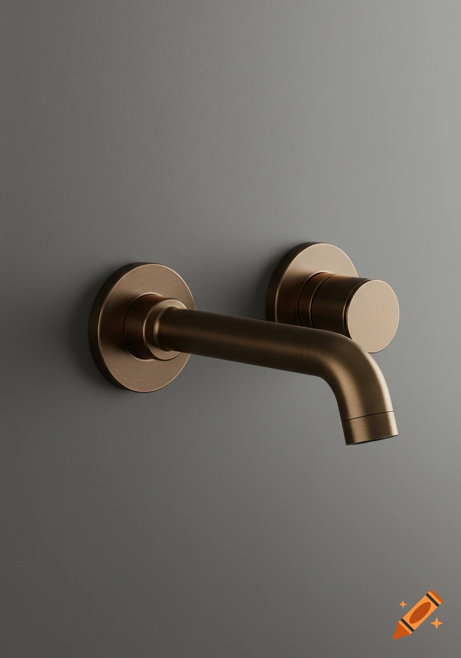 Brushed bronze wall-mounted tap against a gray background.