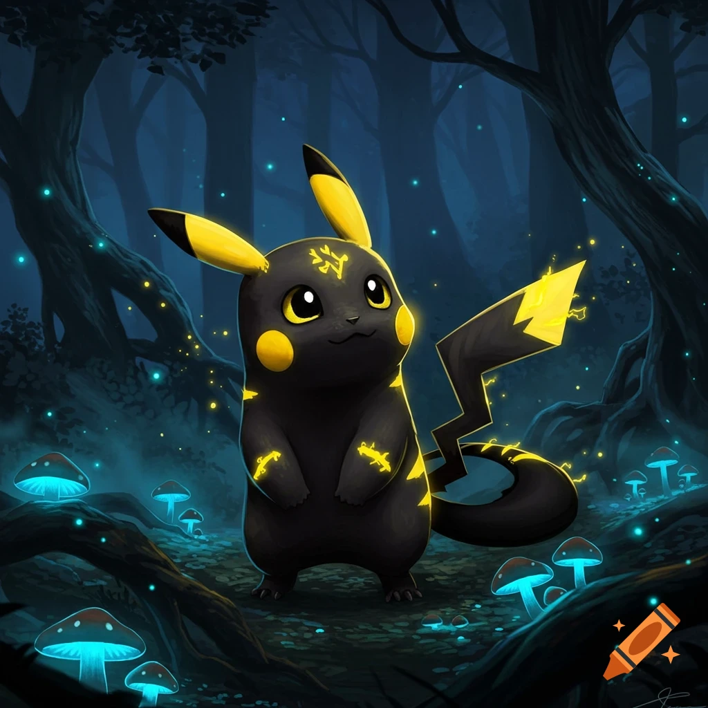 A black Pikachu-like creature with glowing yellow markings stands in a dark, magical forest with glowing blue mushrooms.