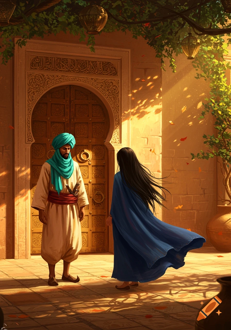 A man in a turquoise turban and a woman in a flowing blue robe stand before an ornate, arched wooden door under sunlit foliage in a vibrant, stylized setting.