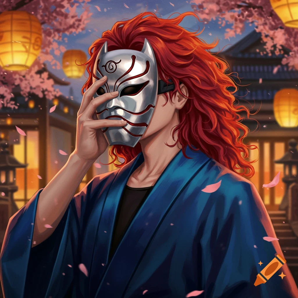 Young man with long red hair wearing a silver Anbu mask and blue kimono amidst cherry blossoms and lanterns, digital art.