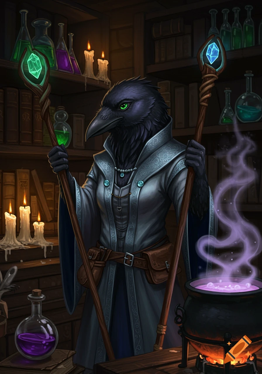 Anthromorphic raven alchemist with emerald eyes in a dimly lit lab, holding two staves, surrounded by potions and a bubbling cauldron.