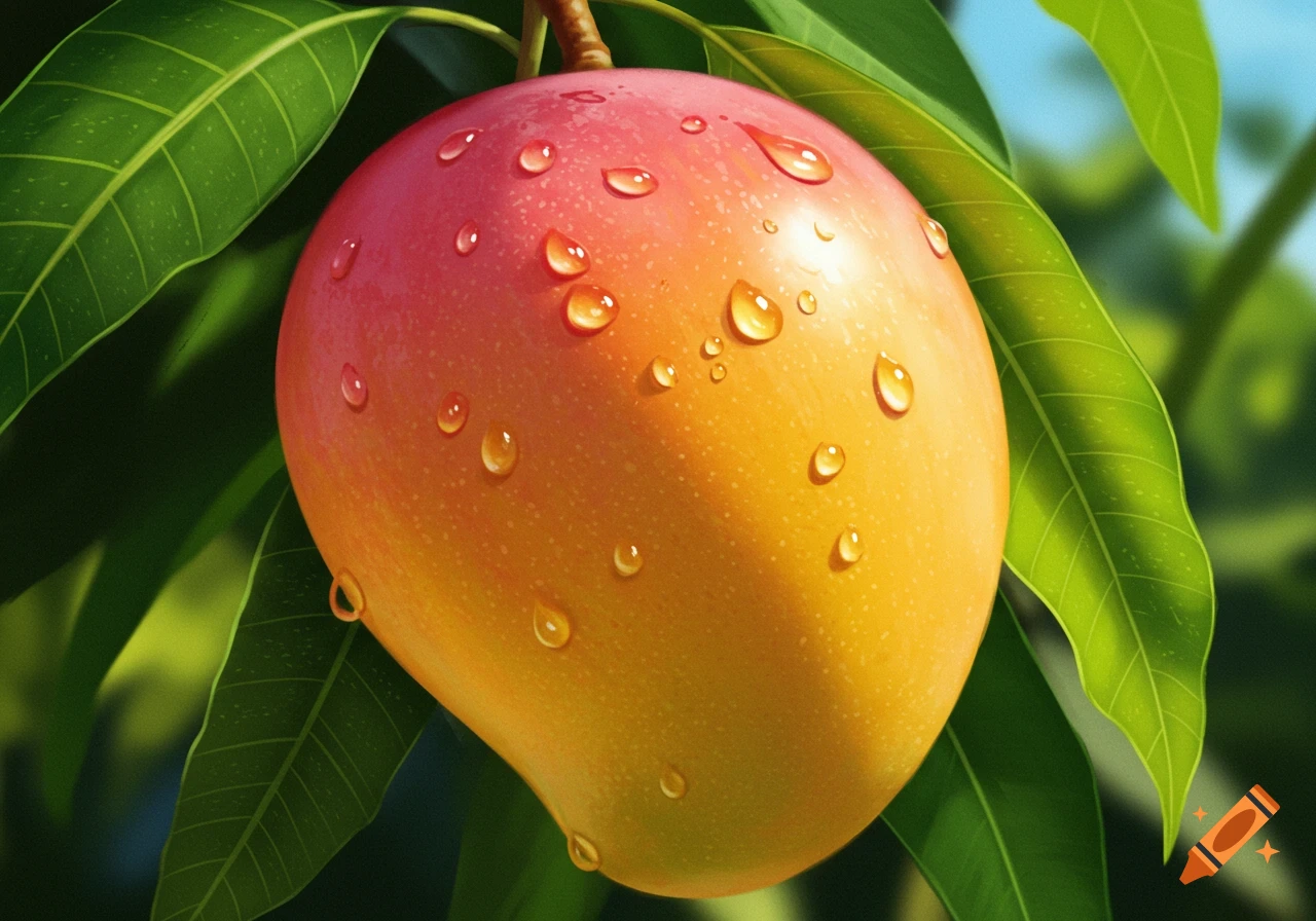Close-up of a ripe red and yellow mango covered in water droplets, hanging from a branch with green leaves.