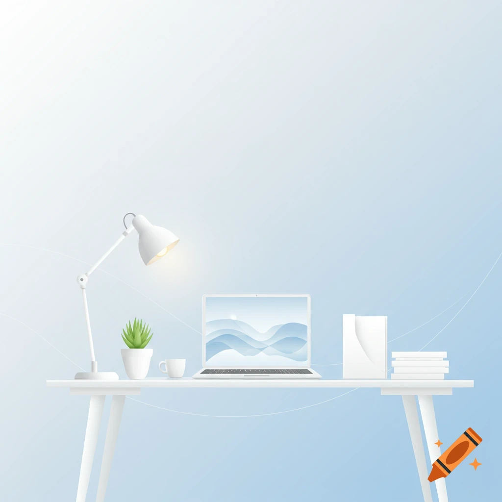 A clean, minimalist workspace with a white desk, laptop, lamp, plant, and books against a light blue gradient background.