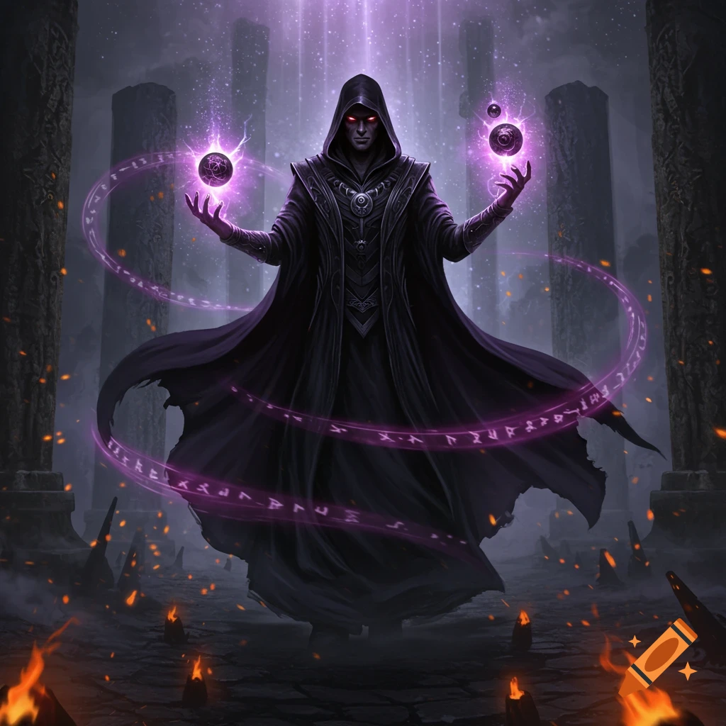 A dark sorcerer in a black cloak with red glowing eyes stands amidst ancient ruins, conjuring purple magical orbs and runes. Fantasy art style.