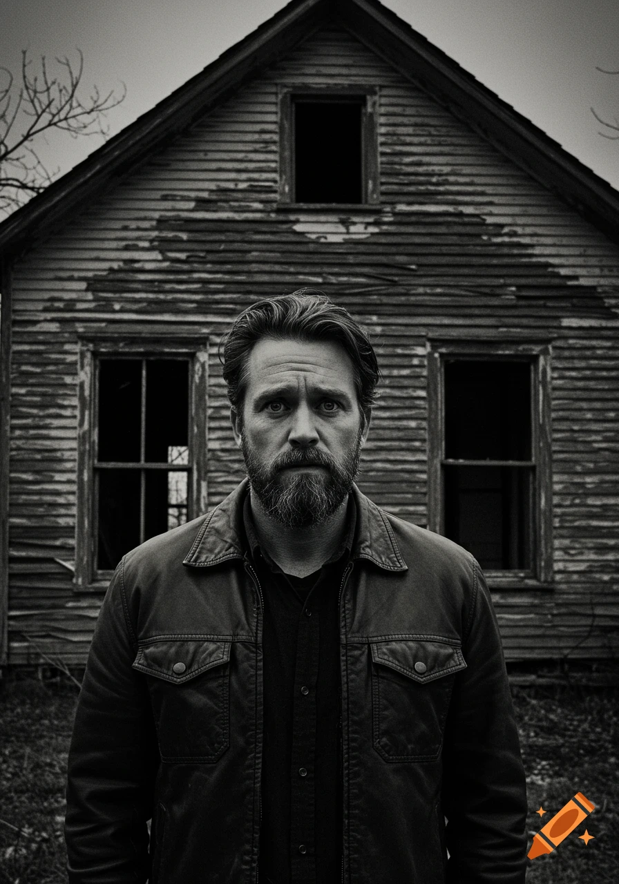 Black and white portrait of a bearded man with a serious expression standing in front of an old, dilapidated house.