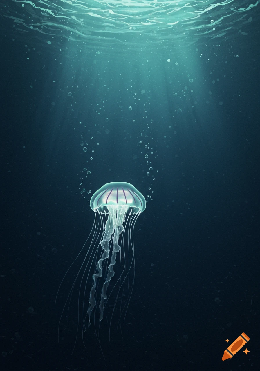 A translucent jellyfish with glowing purple details floats in deep blue ocean water, illuminated by light rays from above and surrounded by bubbles. Illustration.
