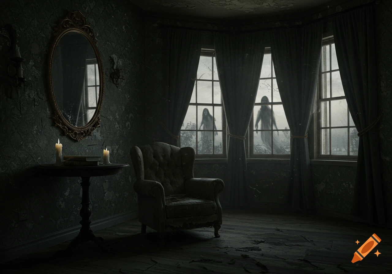 A dark, eerie gothic room with an armchair, candles, and an ornate mirror, with two ghostly figures looking in through the windows.