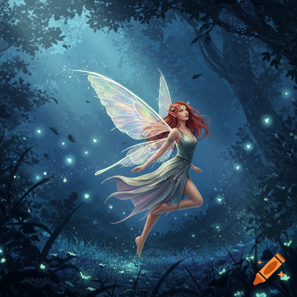 A red-haired fairy with iridescent wings and a flowing green dress floats in a magical, dark forest with glowing lights.