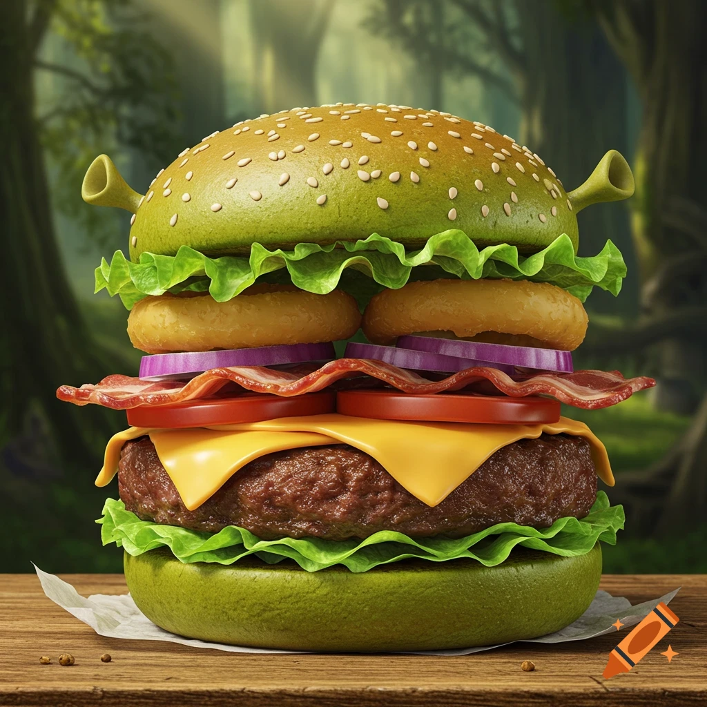 A photorealistic Shrek-themed burger with green buns, a large patty, melted cheese, bacon, tomato, onion, lettuce, and onion rings, set in a forest.