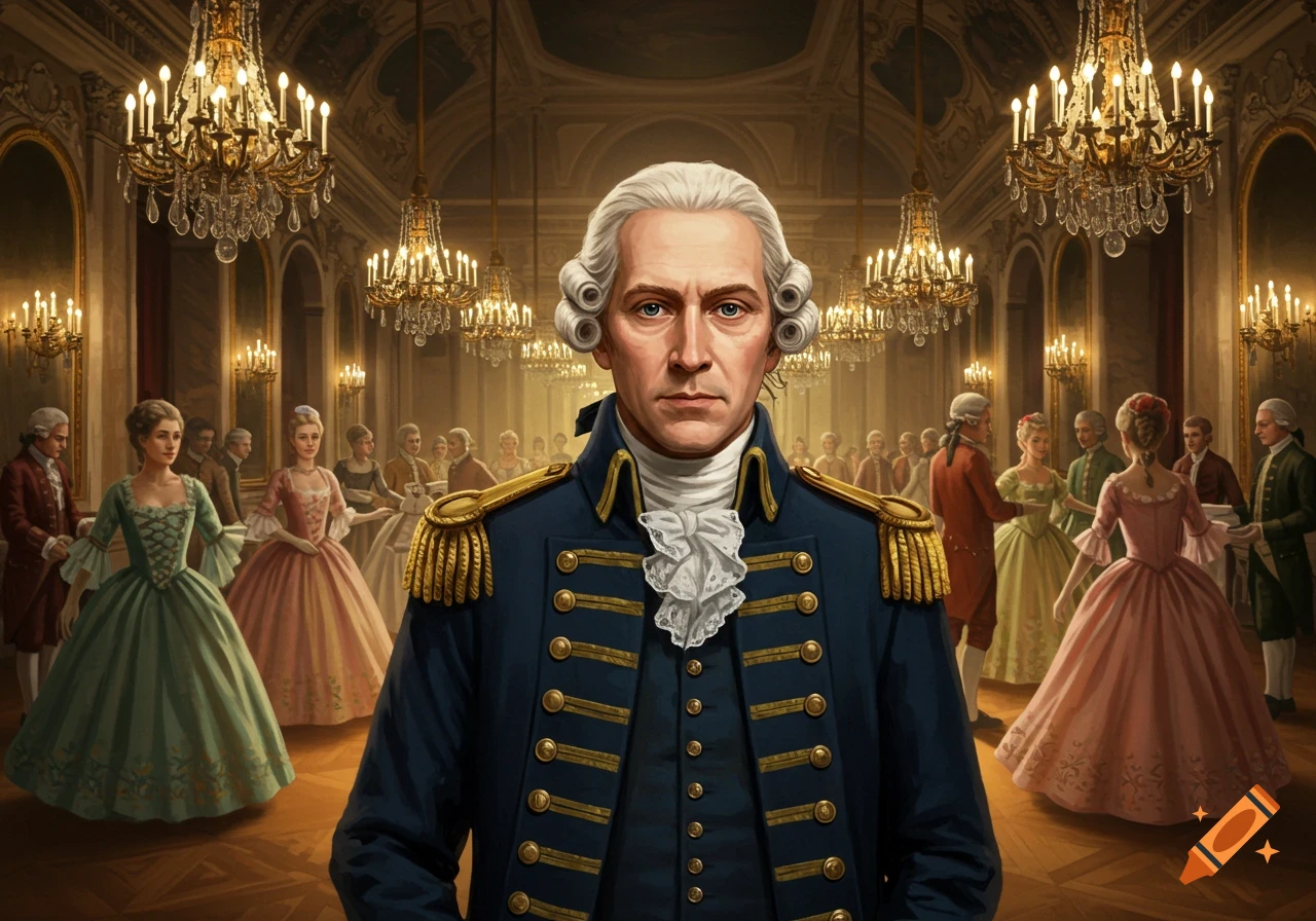 A distinguished 18th-century officer in a blue uniform with gold epaulets stands in a grand ballroom filled with formally dressed people and chandeliers.
