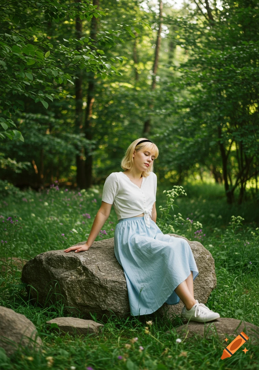 A fair-skinned young woman with blonde hair and a black headband sits on a large rock in a lush green forest, wearing a white top, blue skirt, and white sneakers.