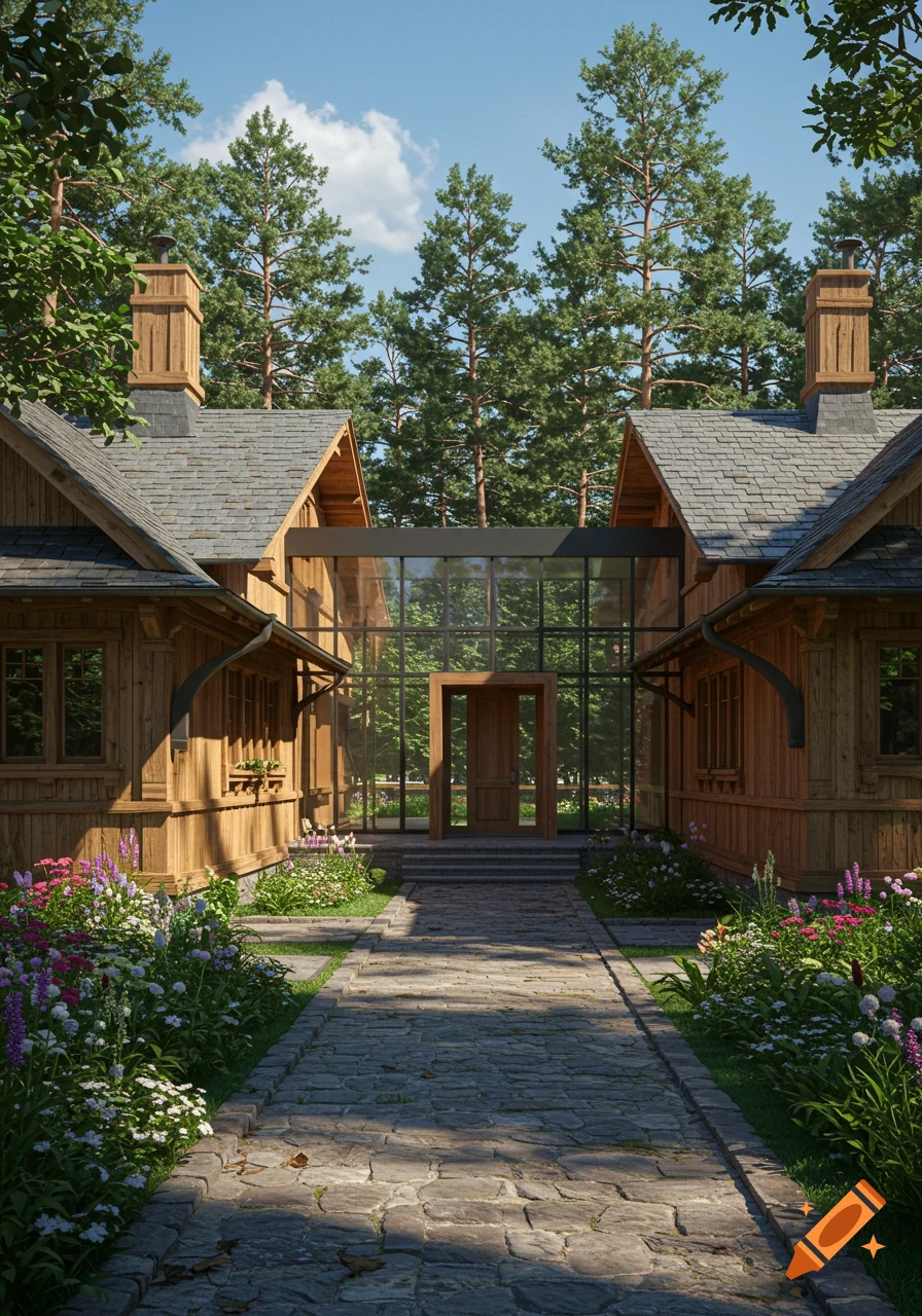 Photorealistic craftsman bungalow with wooden wings, glass connector, stone path, and flower gardens surrounded by tall pine trees.