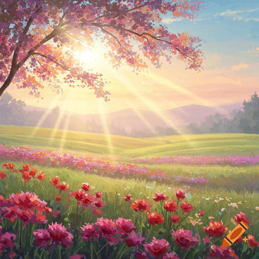 A vibrant, sunny landscape painting featuring a cherry blossom tree overlooking a field of red and pink wildflowers with mountains in the background.