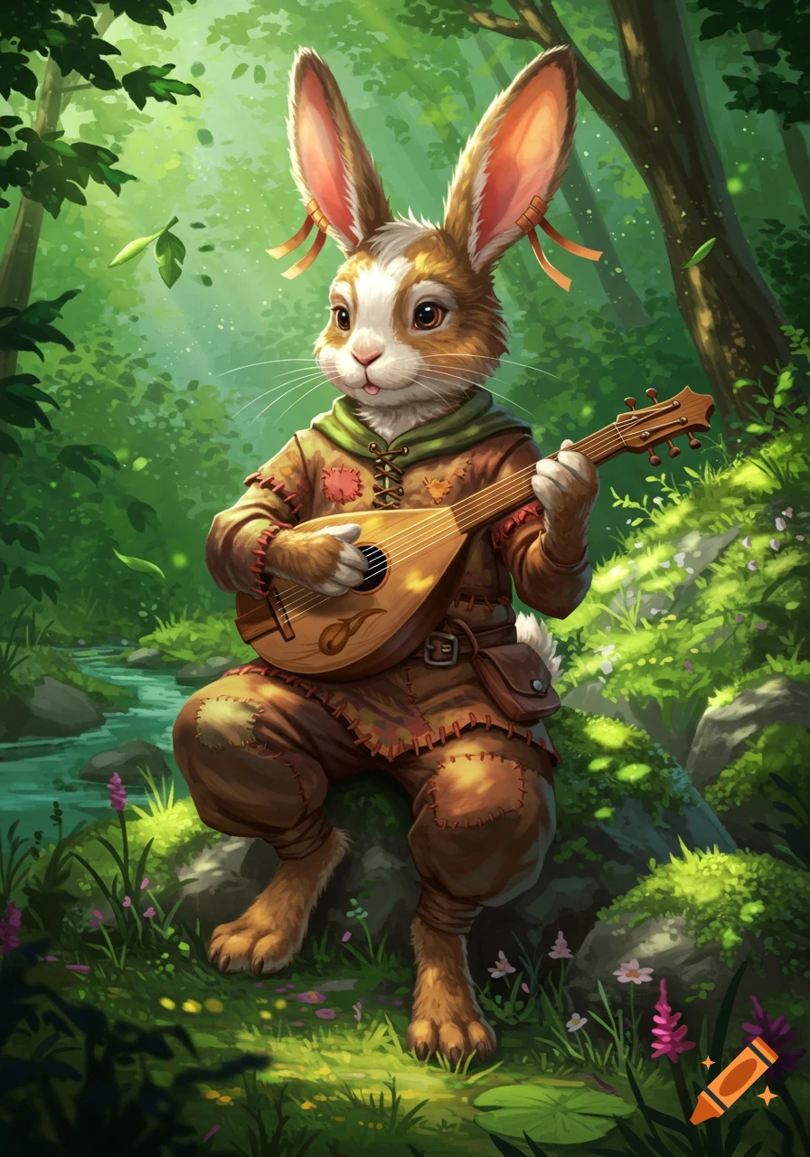 A charming Harengon rabbit bard in medieval clothes plays a lute in a lush fantasy forest by a stream.