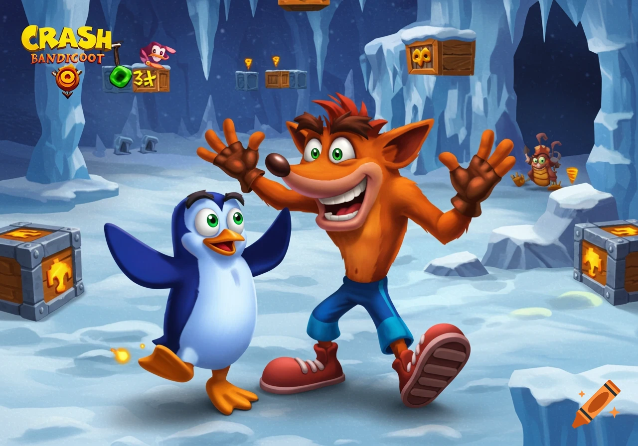 Crash Bandicoot and a penguin happily dance in a snowy ice cave, depicted in a vibrant video game art style.