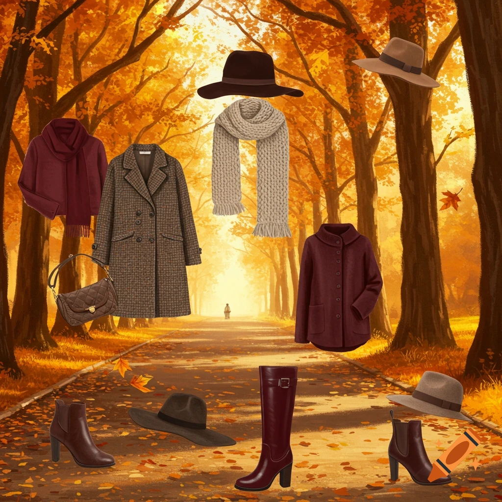 Autumn fashion collage featuring coats, scarves, hats, boots, and a bag arranged on a leaf-strewn path with golden trees.
