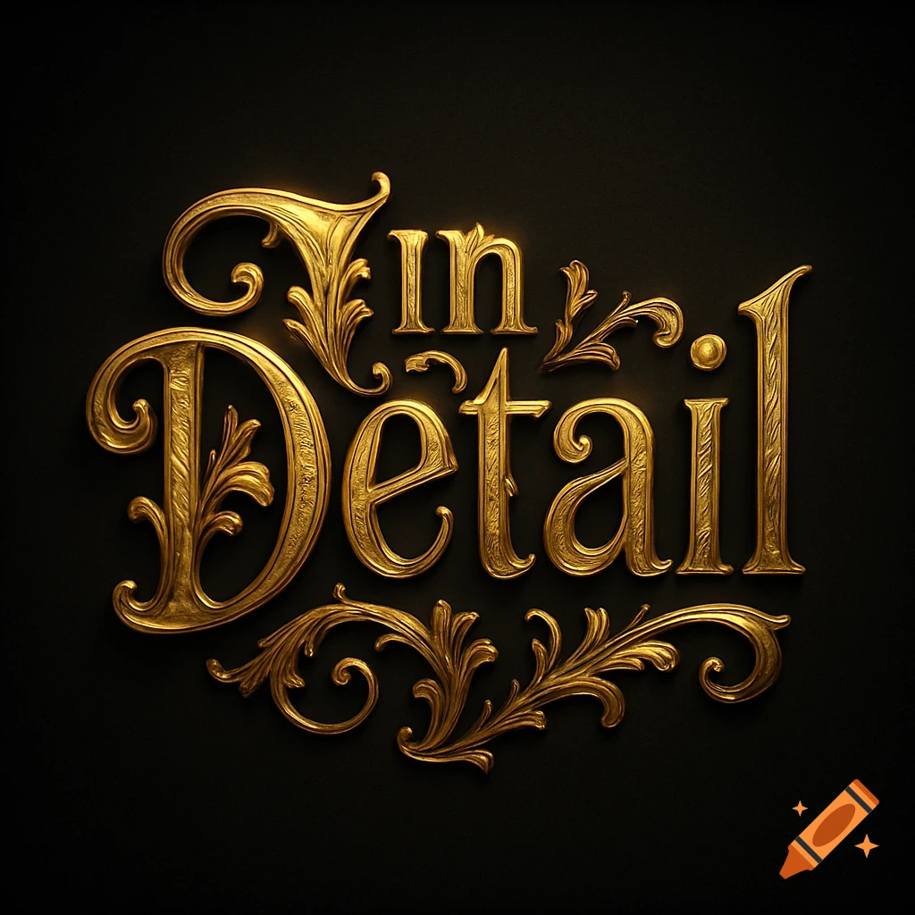 Ornate 3D rendered gold lettering spelling 'in Detail' against a dark background.