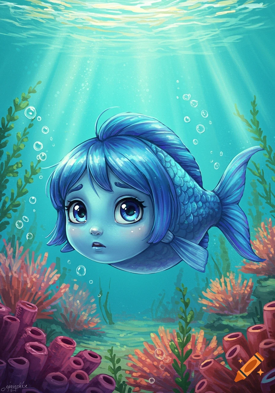 A cute blue fish-girl with big eyes swims in a vibrant, colorful underwater scene with coral and plants, in a stylized illustration.