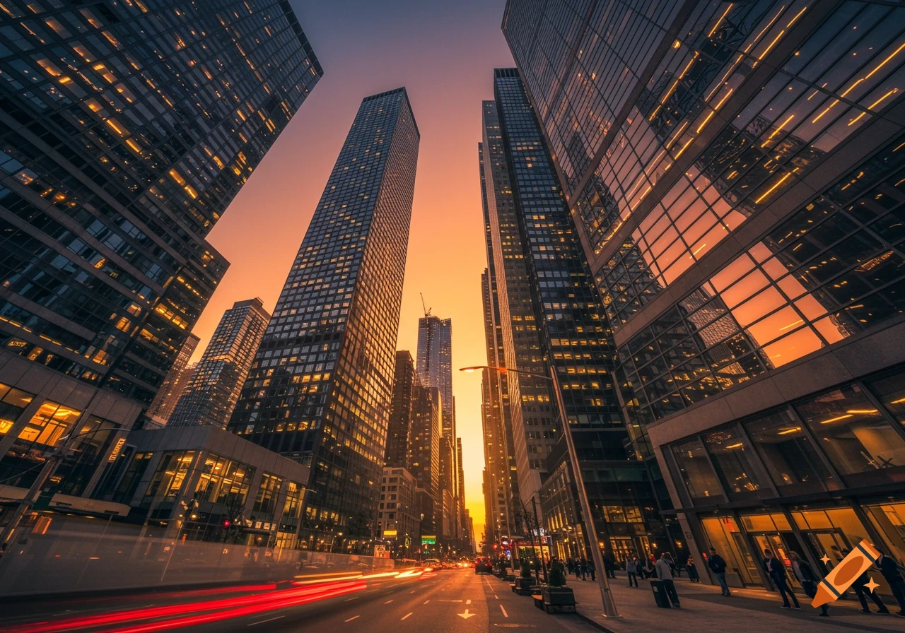 Photorealistic shot of tall skyscrapers at sunset with red light trails on a busy city street.