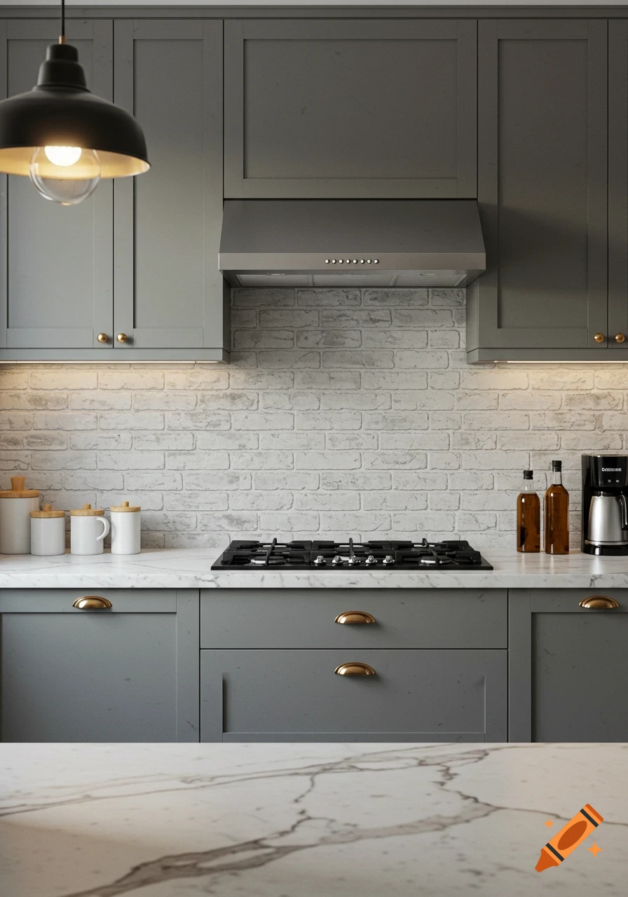 Modern kitchen with grey shaker cabinets, white marble countertops, a gas stove, and a white brick backsplash.