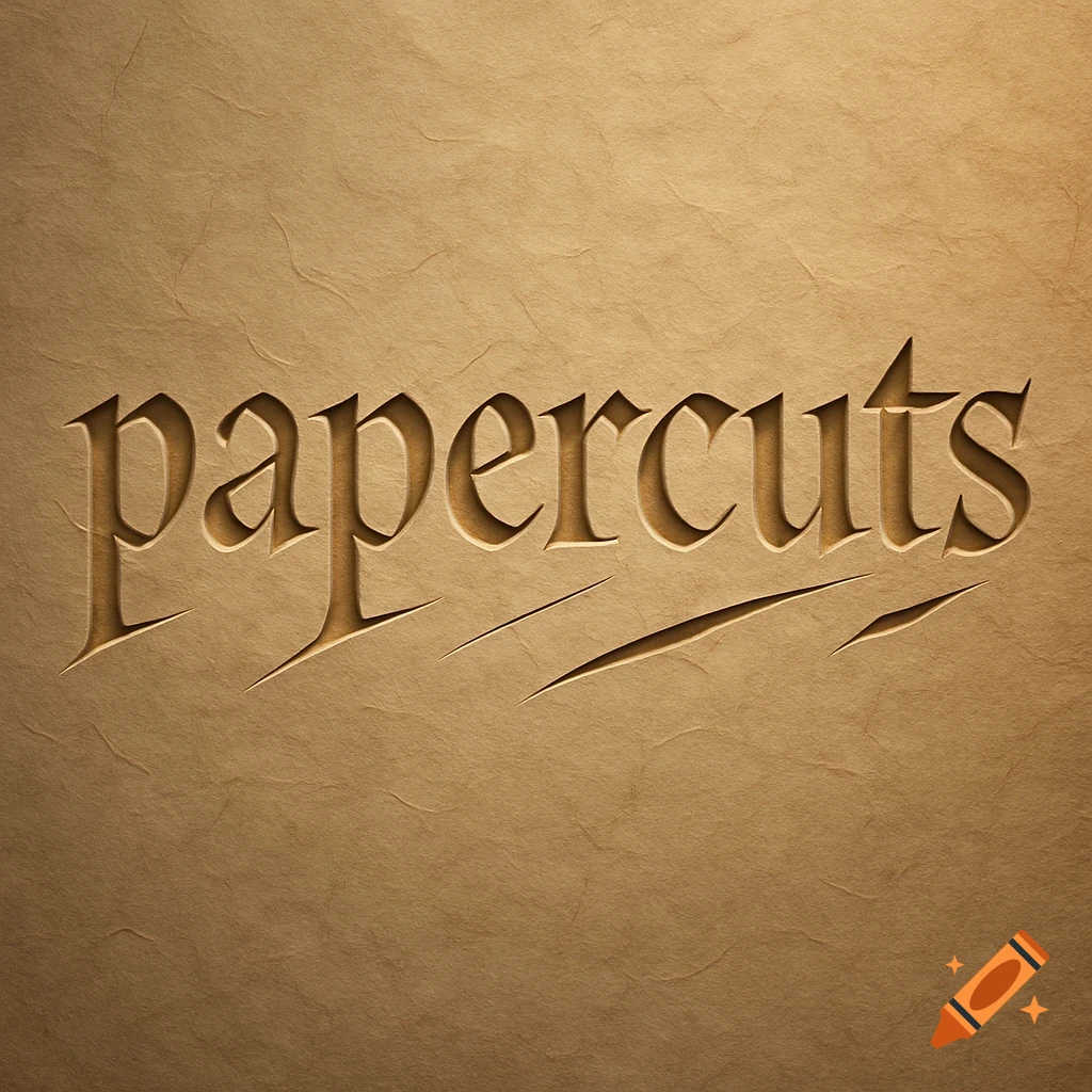 The word 'papercuts' carved into a light brown paper texture with stylized knife slashes underneath.