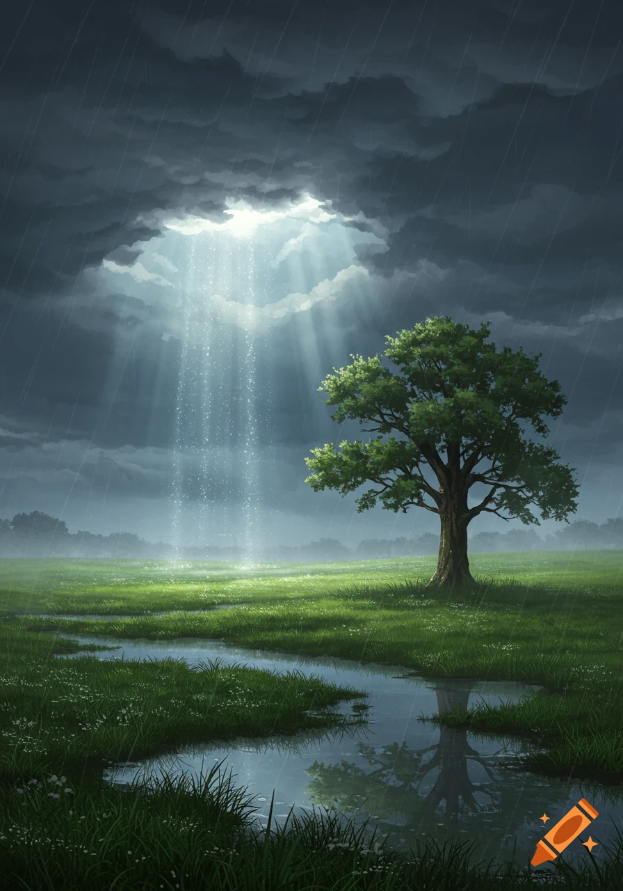 A vibrant green field with puddles under a dark, rainy sky. A single large tree stands in the center, bathed in a shimmering beam of sunlight breaking through the clouds.