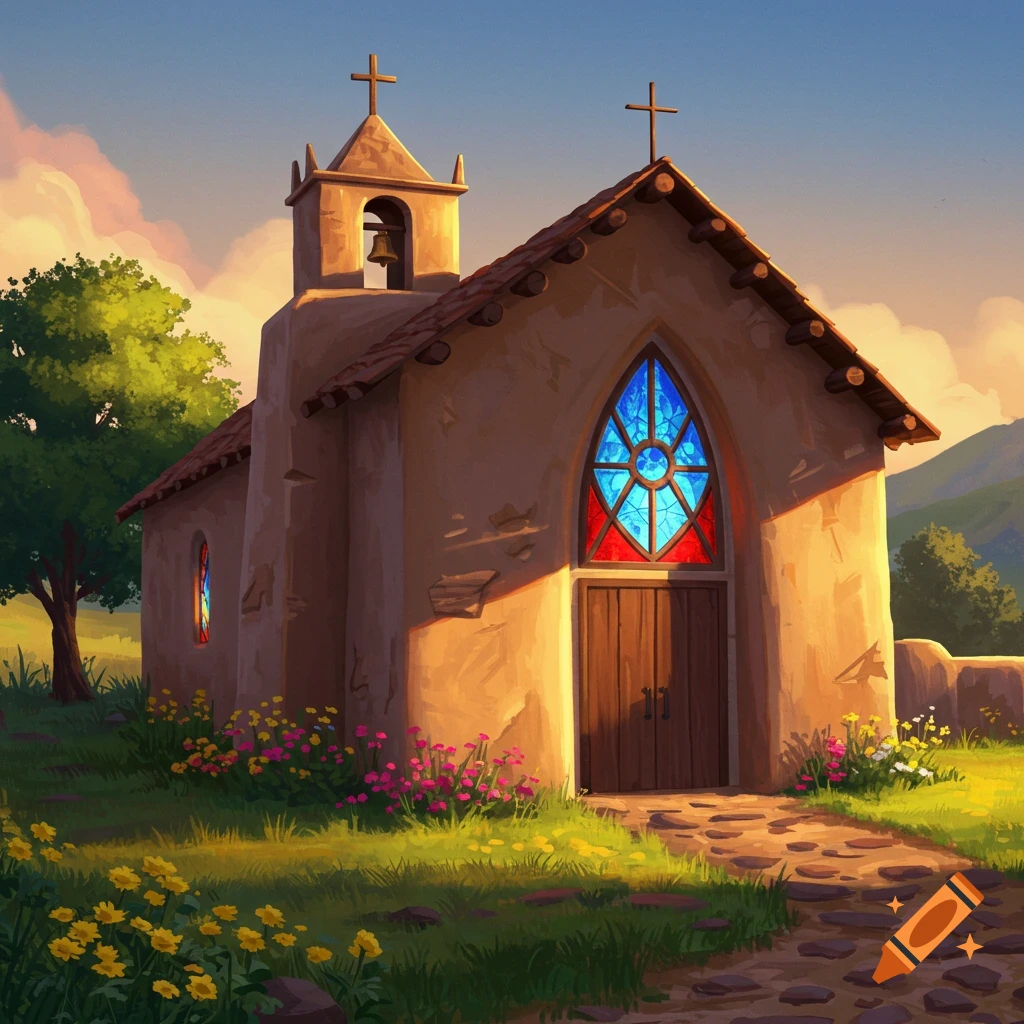 Stylized illustration of a Hispanic chapel with a bell tower, colorful stained glass, surrounded by wildflowers and green hills at sunset.
