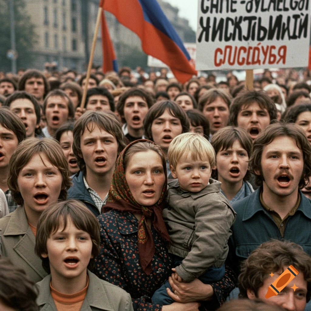 1970s photorealistic image of a crowd protesting, many shouting, with a woman holding a child in the foreground. A flag and a sign are visible in the background.