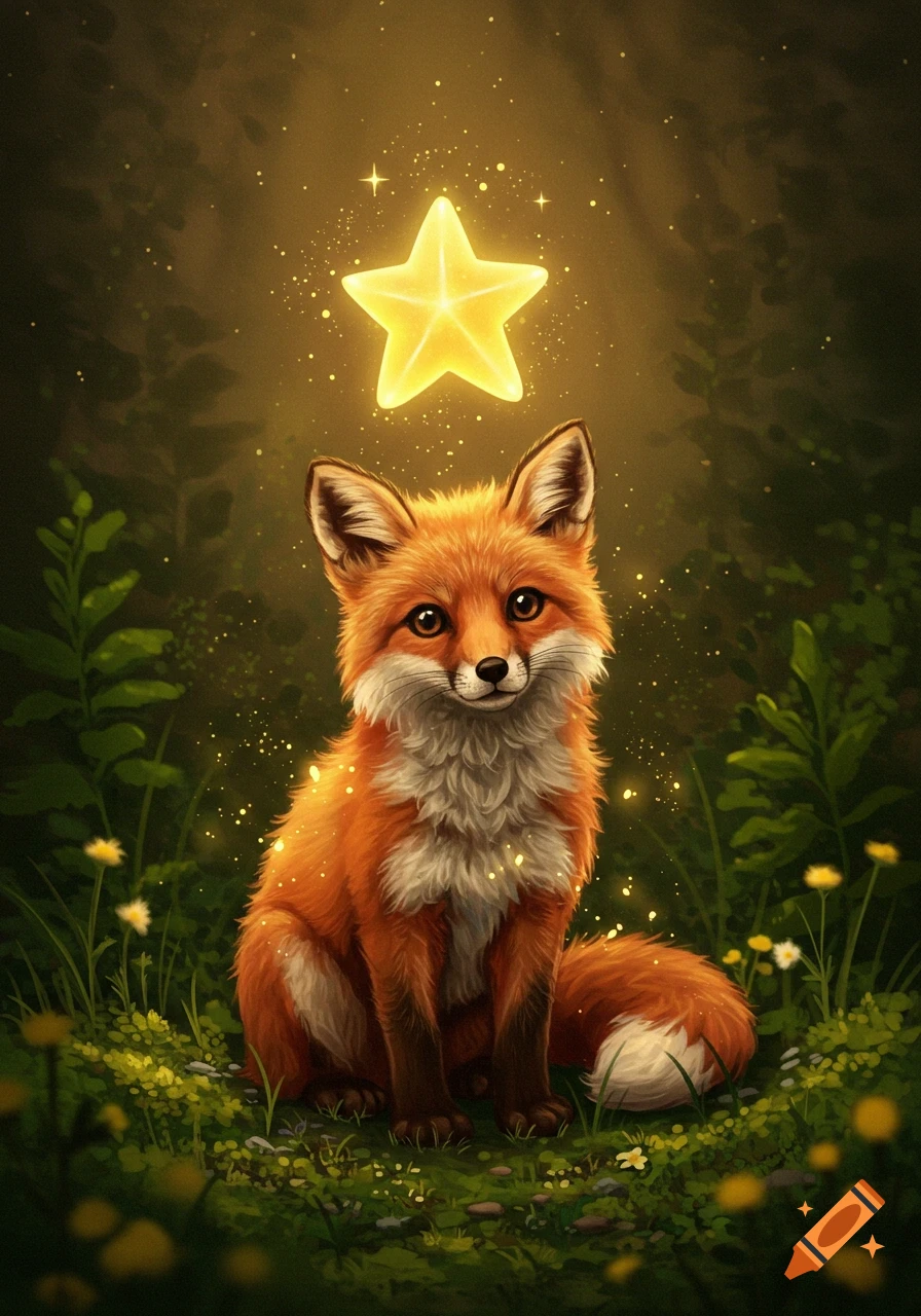 A cute fluffy red fox sits in a magical forest clearing with a glowing yellow star floating above its head, surrounded by small flowers.