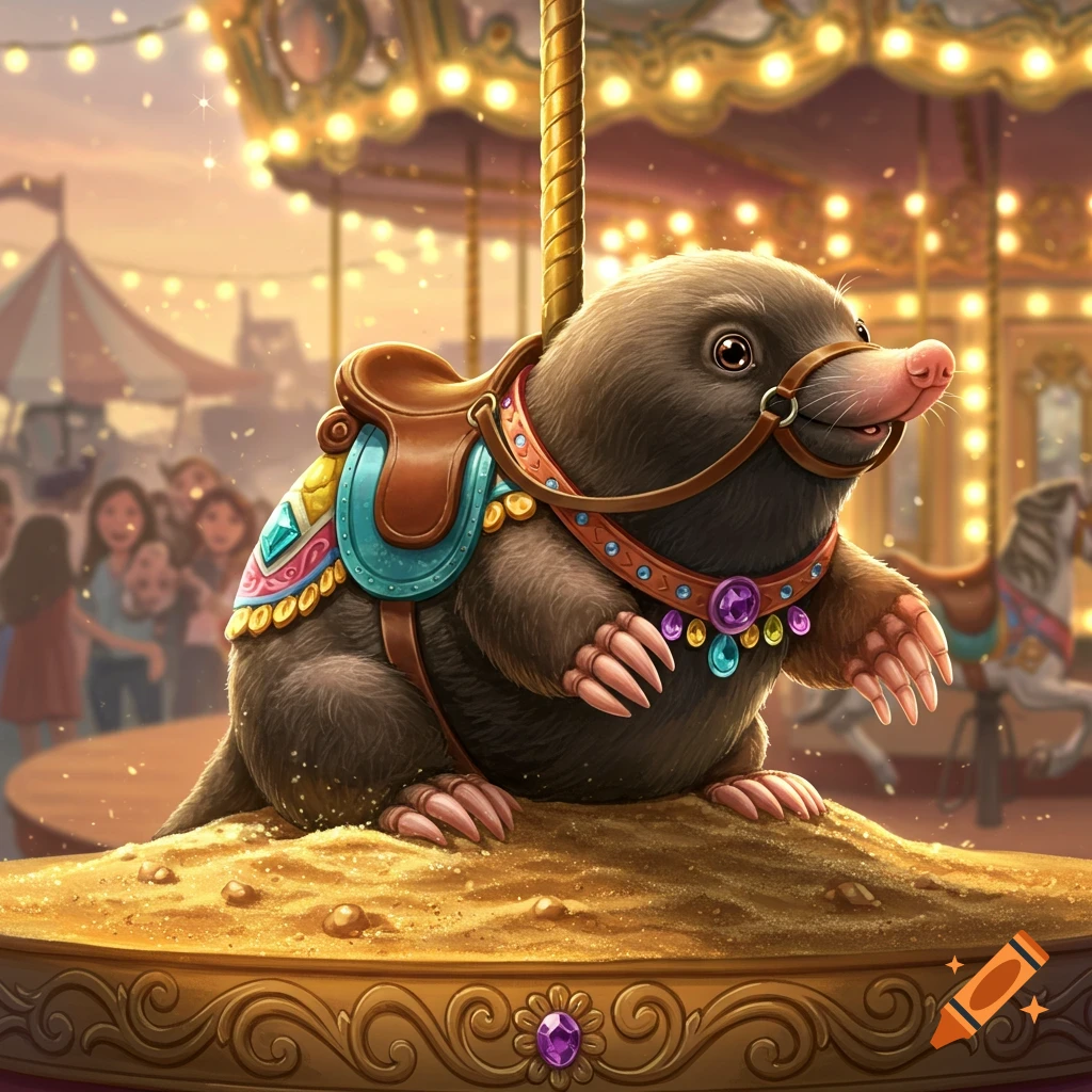 A cute mole with a saddle and bridle rides a golden carousel platform at a whimsical carnival.