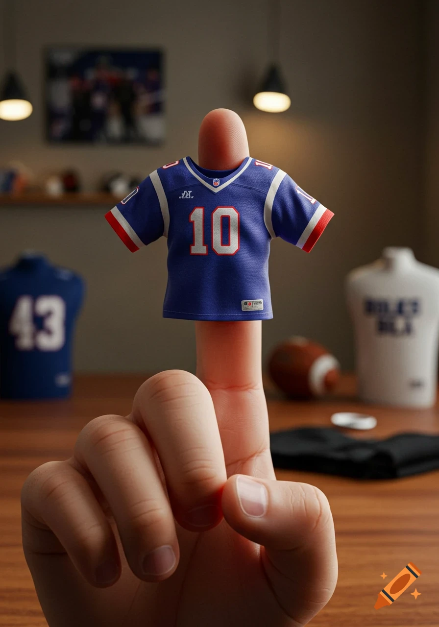 A human finger wears a tiny blue sports jersey with the number 10, set against a blurred background with other sports items.