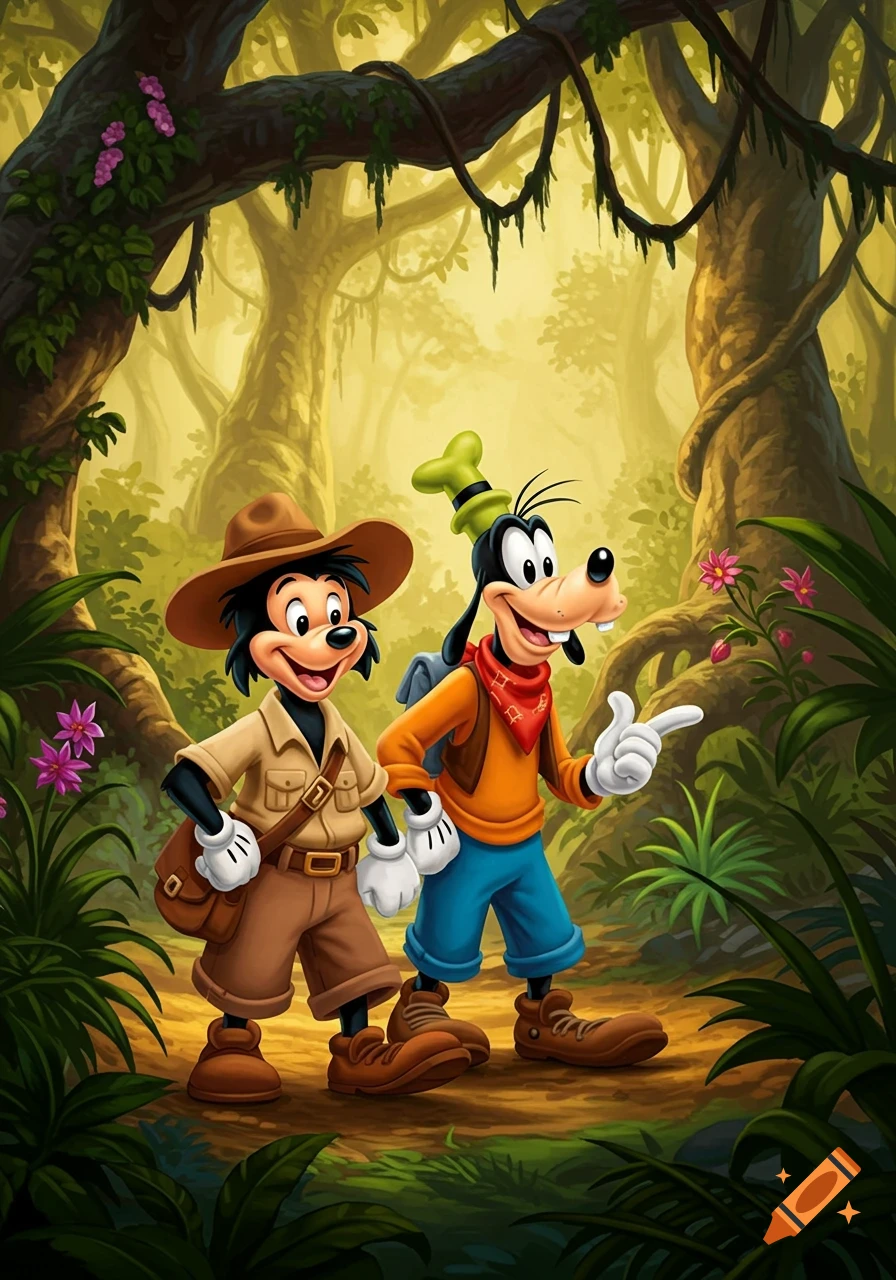 Max and Goofy, dressed as adventurers, exploring a lush jungle, with Goofy pointing forward. Cartoon style.