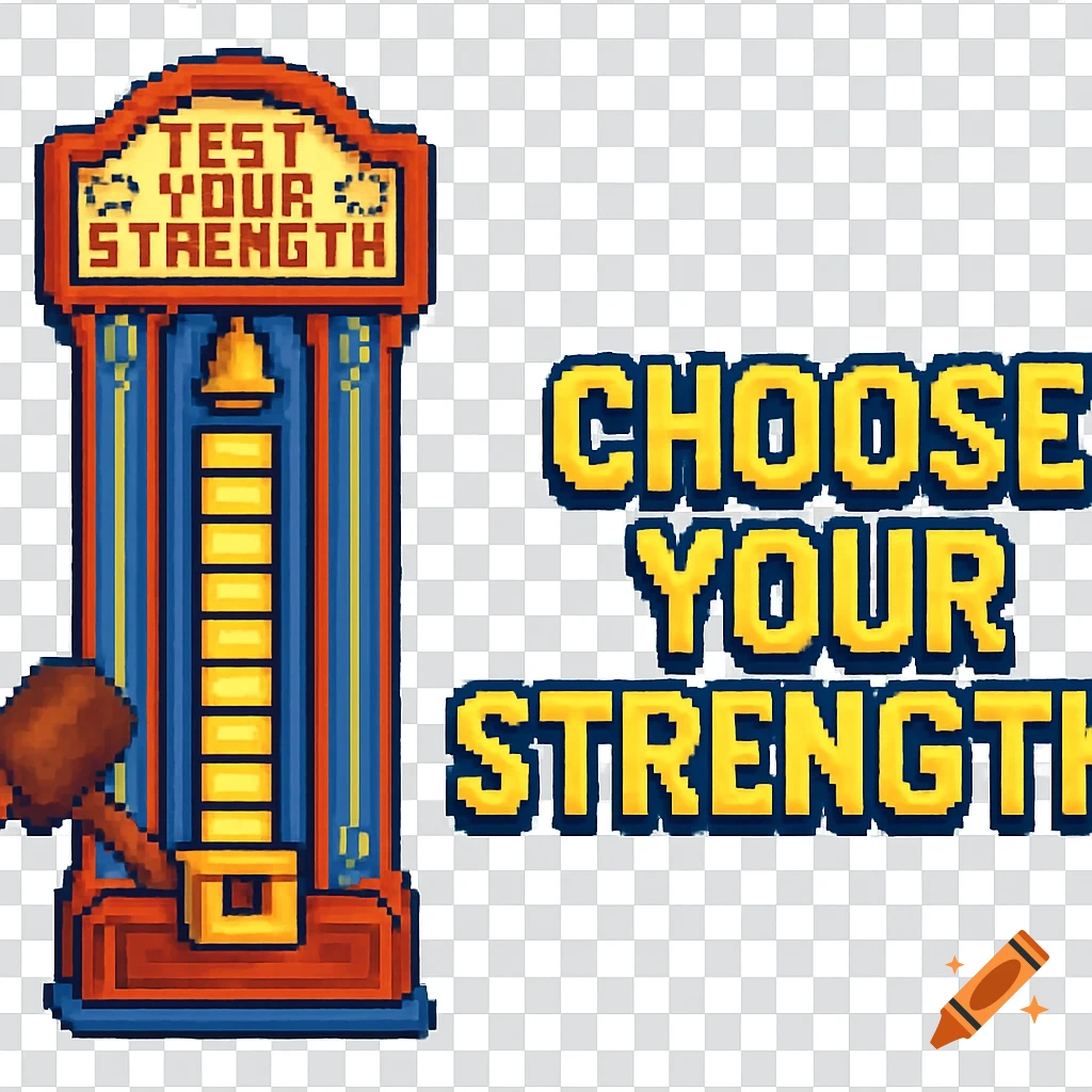 Pixel art illustration of a carnival 'Test Your Strength' game with a hammer and bell, alongside the text 'CHOOSE YOUR STRENGTH'.
