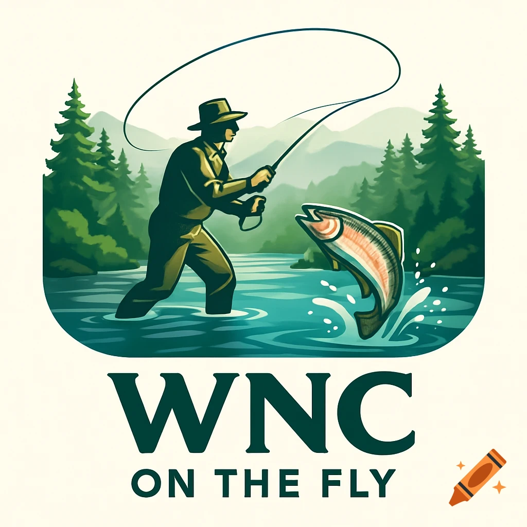 Stylized logo of a fly fisherman catching a trout in a river with mountains, featuring 'WNC ON THE FLY' text.
