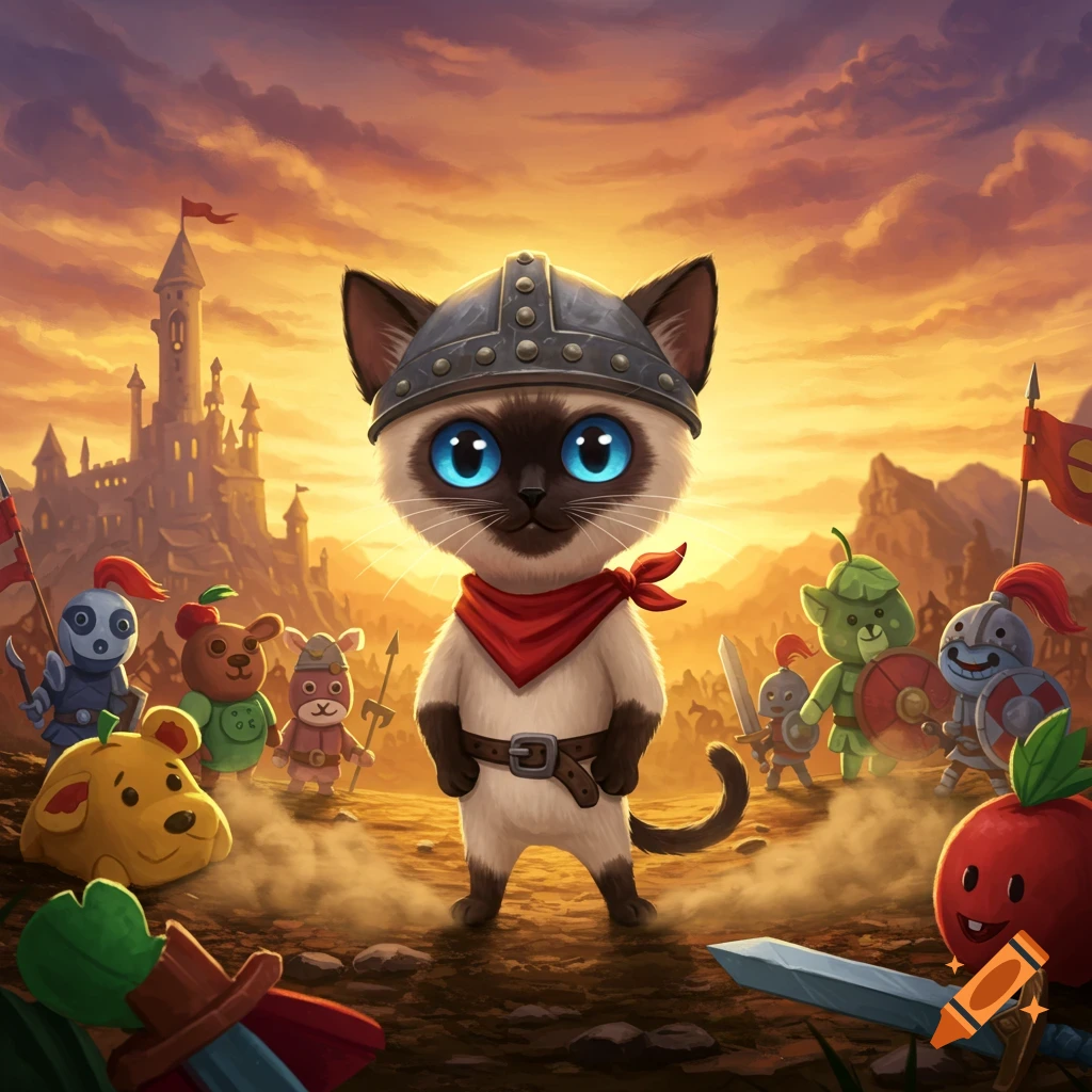 A heroic cartoon Siamese cat in a helmet and bandana stands on a battlefield at sunset, surrounded by other cartoon warrior creatures and a castle in the background.