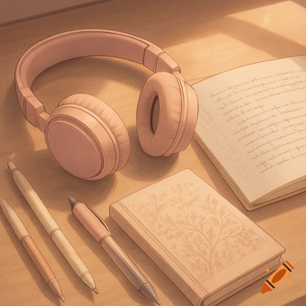 Pink headphones, pens, and notebooks on a desk, rendered in an anime style with soft lighting.